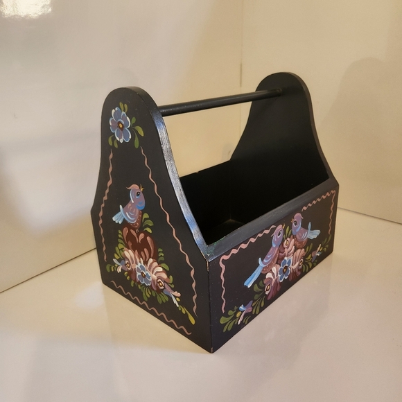 Vintage Painted Black Birds Wood Caddy Storage Basket Farmhouse Decor Cottage - Picture 9 of 9